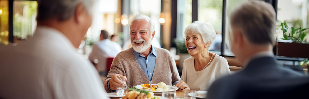 senior friends sitting around dinner table